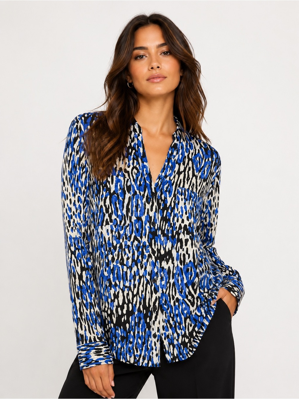 Talbots Nantucket Blue, Black and White Abstract Print Button Down Blouse
